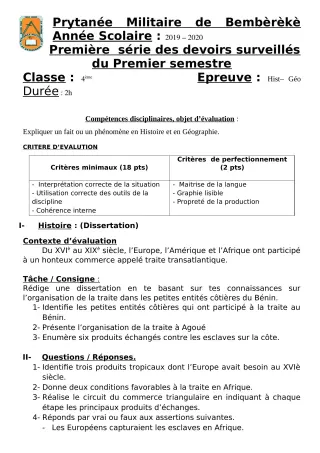 Première page de Histoire-Géographie 4e — 1er devoir surveillé, 1er semestre (2019-2020) · PMB