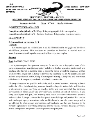 Première page de Anglais 1ère A2, 1ère B — 2e évaluation sommative, 1er semestre (2019-2020) · CEG Dantokpa