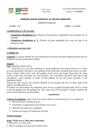 Première page de Anglais 5e — 1er devoir surveillé, 2e semestre (2021-2022) · CEG SEKERE