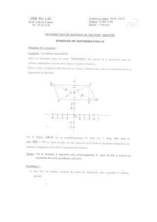 Première page de Mathématiques 4e, 4e ML — 2e devoir surveillé, 2e semestre (2018-2019) · CEG du Lac