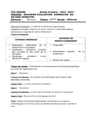 Première page de Philosophie 1ère A2 — 2e évaluation sommative, 2e semestre (2022-2023) · CEG SEKERE