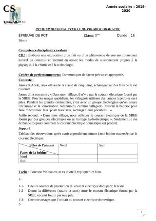 Première page de PCT 5e — 1er devoir surveillé, 1er trimestre (2019-2020) · CPEG ROSAIRE