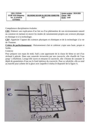 Première page de PCT 6e — 2e devoir surveillé, 2e semestre (2019-2020) · CEG l'Océan