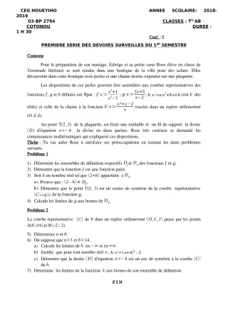 Première page de SVT Tle A1, Tle A2, Tle B — 1er devoir surveillé, 1er semestre (2018-2019) · CEG HOUEYIHO