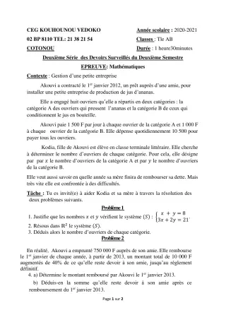 Première page de Mathématiques Tle A1, Tle A2, Tle B — 2e devoir surveillé, 2e semestre (2020-2021) · CEG Kouhounou-Vêdoko