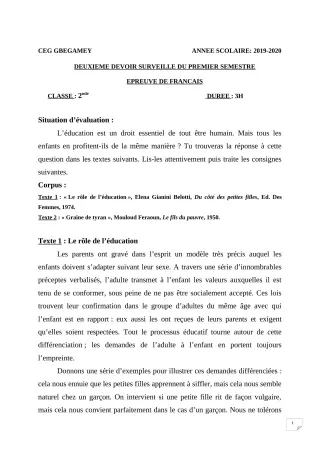 Première page de Français 2nde A & B, 2nde C, 2nde D — 2e devoir surveillé, 1er semestre (2019-2020) · CEG GBEGAMEY