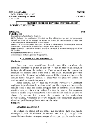 Première page de PCT 2nde C, 2nde D — 1er devoir surveillé, 2e semestre (2019-2020) · CEG Akassato
