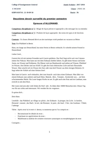 Première page de Allemand 2nde A, 2nde B — 2e devoir surveillé, 1er semestre (2017-2018) · CEG l'Océan
