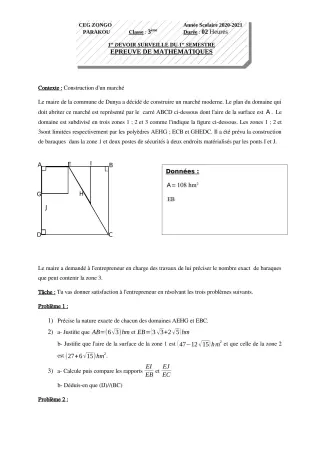 Première page de Mathématiques 3e, 3e ML — 1er devoir surveillé, 1er semestre (2020-2021) · CEG ZONGO
