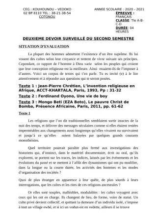 Première page de Français Tle A1, Tle A2, Tle B, Tle C, Tle D — 2e devoir surveillé, 2e semestre (2020-2021) · CEG Kouhounou-Vêdoko
