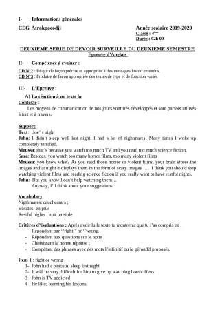 Première page de Anglais 4e — 2e devoir surveillé, 2e semestre (2019-2020) · CEG ATROKPOCODJI