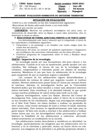 Première page de Espagnol 1ère A2, 1ère B — 2e évaluation sommative, 2e trimestre (2020-2021) · CPEG SAINT Justin