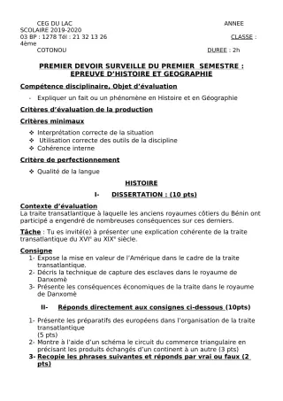Première page de Histoire-Géographie 4e, 4e ML — 1er devoir surveillé, 1er semestre (2019-2020) · CEG du Lac