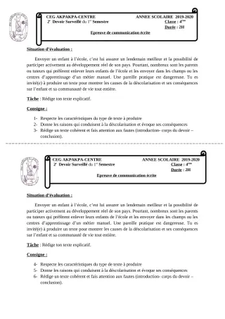 Première page de Français 4e, 4e ML — 2e devoir surveillé, 1er semestre (2019-2020) · CEG 1 Akpakpa-Centre