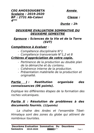 Première page de SVT 4e, 4e ML — 2e évaluation sommative, 2e semestre (2019-2020) · CEG Ahossougbéta