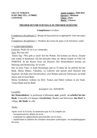Première page de Allemand 4e, 4e ML — 1er devoir surveillé, 1er semestre (2021-2022) · CEG LE NOKOUE