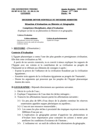Première page de Histoire-Géographie 2nde C, 2nde D — 2e devoir surveillé, 2e semestre (2020-2021) · CEG Kouhounou-Vêdoko