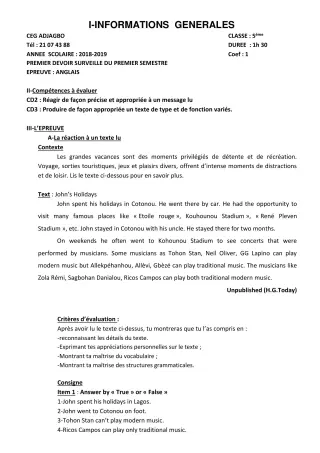 Première page de Anglais 5e — 1er devoir surveillé, 1er semestre (2018-2019) · CEG ADJAGBO
