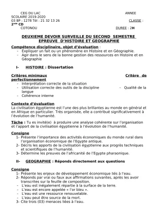 Première page de Histoire-Géographie 2nde C — 2e devoir surveillé, 2e semestre (2019-2020) · CEG du Lac