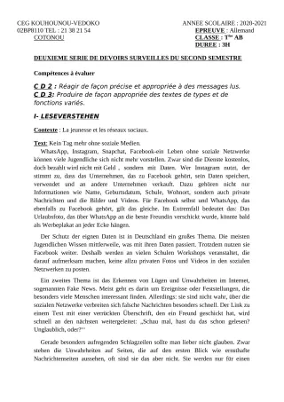 Première page de Allemand 1ère A1, 1ère A2, 1ère B, Tle A1, Tle A2, Tle B — 2e devoir surveillé, 2e semestre (2020-2021) · CEG Kouhounou-Vêdoko