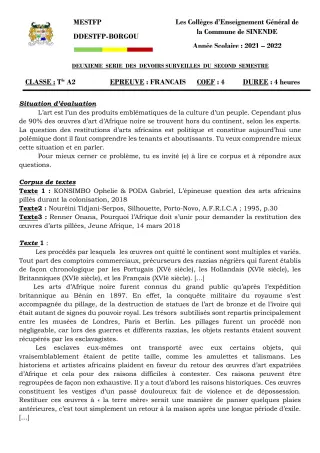 Première page de Français Tle A2 — 2e devoir surveillé, 2e semestre (2021-2022) · CEG SEKERE