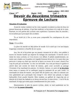Première page de Français 6e, 5e, 4e, 4e ML, 3e, 2nde A, 2nde A2, 2nde B, 2nde D, 1ère A2, 1ère B, 1ère D, Tle A2, Tle D — 1er devoir surveillé, 2e trimestre (2021-2022) · CPEG AGBOZO MEGBEDJI