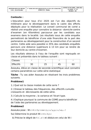 Première page de Mathématiques 2nde D — 1er devoir surveillé, 2e semestre (2020-2021) · CEG 1 Agatogbo