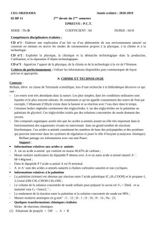 Première page de PCT Tle D — 2e devoir surveillé, 2e semestre (2018-2019) · CEG OKEDAMA