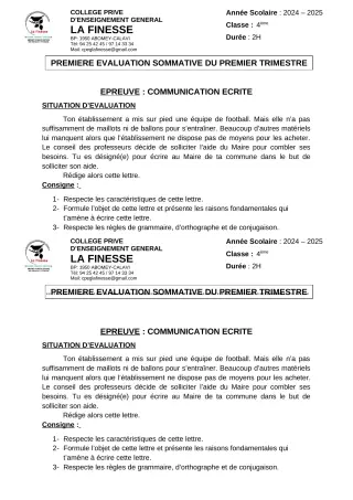 Première page de Français 4e — 1re évaluation sommative, 1er trimestre (2024-2025) · CPEG La Finesse