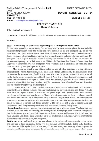 Première page de Anglais Tle C, Tle D — Devoir surveillé, 1er trimestre (2020-2021) · CPEG LICA