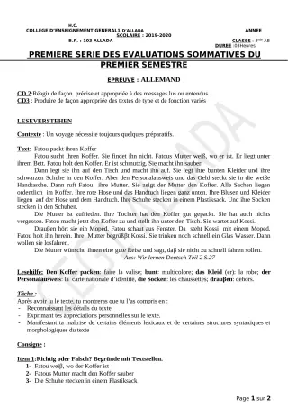 Première page de Allemand 2nde A & B — 1re évaluation sommative, 1er semestre (2019-2020) · CEG1 Allada
