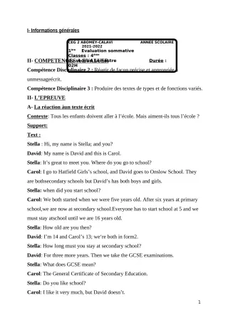 Première page de Anglais 4e — 1re évaluation sommative, 2e semestre (2021-2022) · CEG2 ABOMEY - CALAVI (CEG ZOCA)