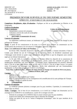 Première page de Histoire-Géographie 1ère A2, 1ère B — 1er devoir surveillé, 2e semestre (2020-2021) · CEG FIYEGNON