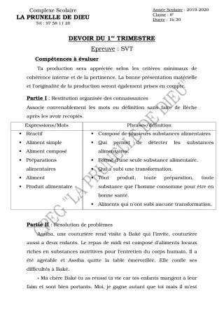 Première page de SVT 6e — Devoir surveillé, 1er trimestre (2019-2020) · CEPG La Prunelle de Dieu