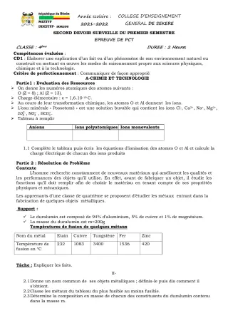Première page de PCT 4e — 2e devoir surveillé, 1er semestre (2021-2022) · CEG SEKERE