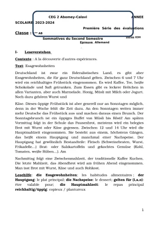 Première page de Allemand 1ère A & B — 1re évaluation sommative, 2e semestre (2023-2024) · CEG2 ABOMEY - CALAVI (CEG ZOCA)