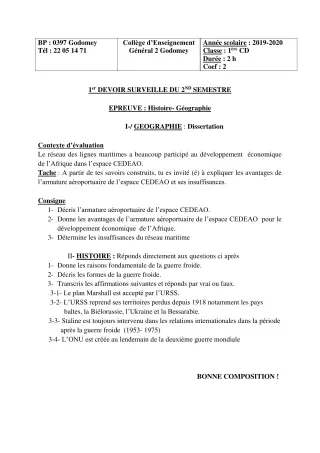 Première page de Histoire-Géographie 1ère C, 1ère D — 1er devoir surveillé, 2e semestre (2019-2020) · CEG2 Godomey