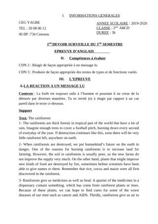 Première page de Anglais 2nde A — 1er devoir surveillé, 1er semestre (2019-2020) · CEG Yagbe