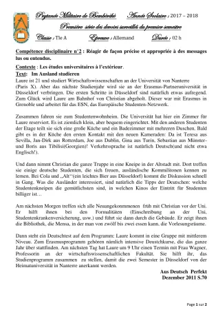 Première page de Allemand Tle A — 1er devoir surveillé, 1er semestre (2018-2019) · PMB