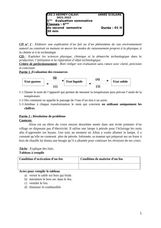 Première page de PCT 6e — 1re évaluation sommative, 2e semestre (2021-2022) · CEG2 ABOMEY - CALAVI (CEG ZOCA)