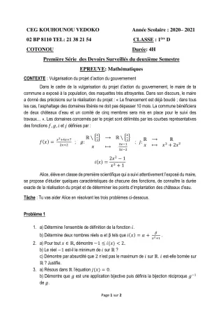 Première page de Mathématiques 1ère D — 1er devoir surveillé, 2e semestre (2020-2021) · CEG Kouhounou-Vêdoko