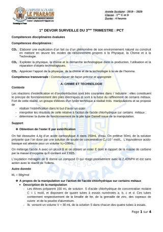 Première page de PCT 1ère D — 1er devoir surveillé, 3e trimestre (2019-2020) · CPEG LE PHARAON