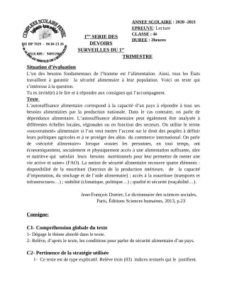 Première page de Français 4e, 3e, 3e ML, Tle A2, Tle B, Tle D — 1er devoir surveillé, 1er trimestre (2020-2021) · CPEG PENIEL