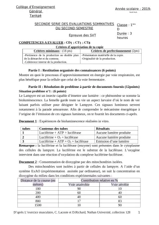Première page de SVT 1ère D — 2e évaluation sommative, 2e semestre (2019-2020) · CEG Tankpè