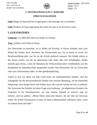 Première page de Allemand Tle A1 — 1er devoir surveillé, 1er semestre (2023-2024) · CEG Yagbe