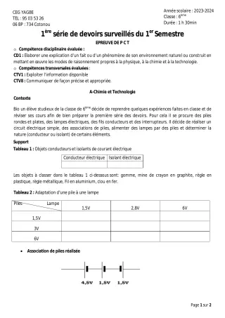 Première page de PCT 6e — 1er devoir surveillé, 1er semestre (2023-2024) · CEG Yagbe