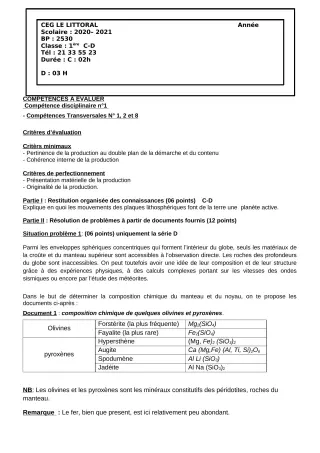 Première page de SVT 1ère C, 1ère D — Composition (2020-2021) · CEG Le Littoral