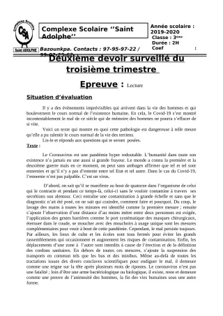 Première page de Français 6e, 5e, 4e, 4e ML, 3e, 3e ML — 2e devoir surveillé, 3e trimestre (2019-2020) · CPEG Saint Adolphe