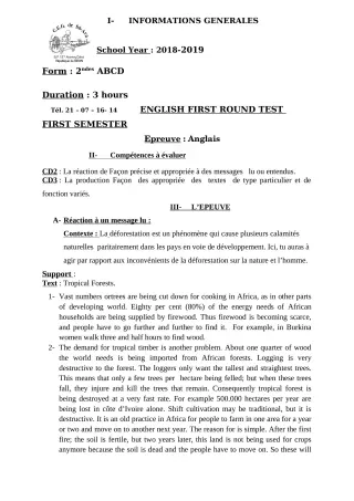 Première page de Devoir surveillé de ANGLAIS — 2nde A2, 2nde C, 1ère D — CEG Sô-Ava (2018)
