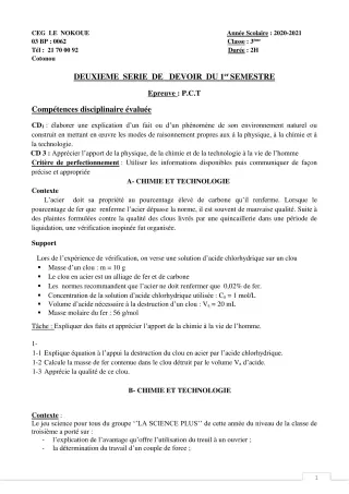 Première page de PCT 3e — 2e devoir surveillé, 1er semestre (2020-2021) · CEG LE NOKOUE
